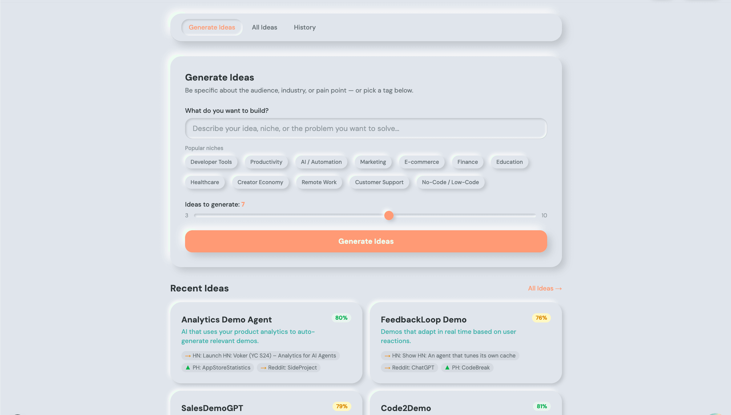 génio — AI-generated micro-SaaS ideas dashboard for builders, showing confidence scores, market signals, and bootstrap prompts